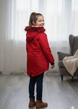 جاكيت كتان للأطفال مبطن فرو 5136 - احمر