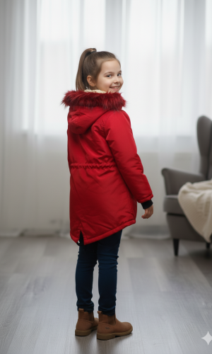 Mit Pelz gefütterte Kinder-Leinenjacke 5136  - Rot