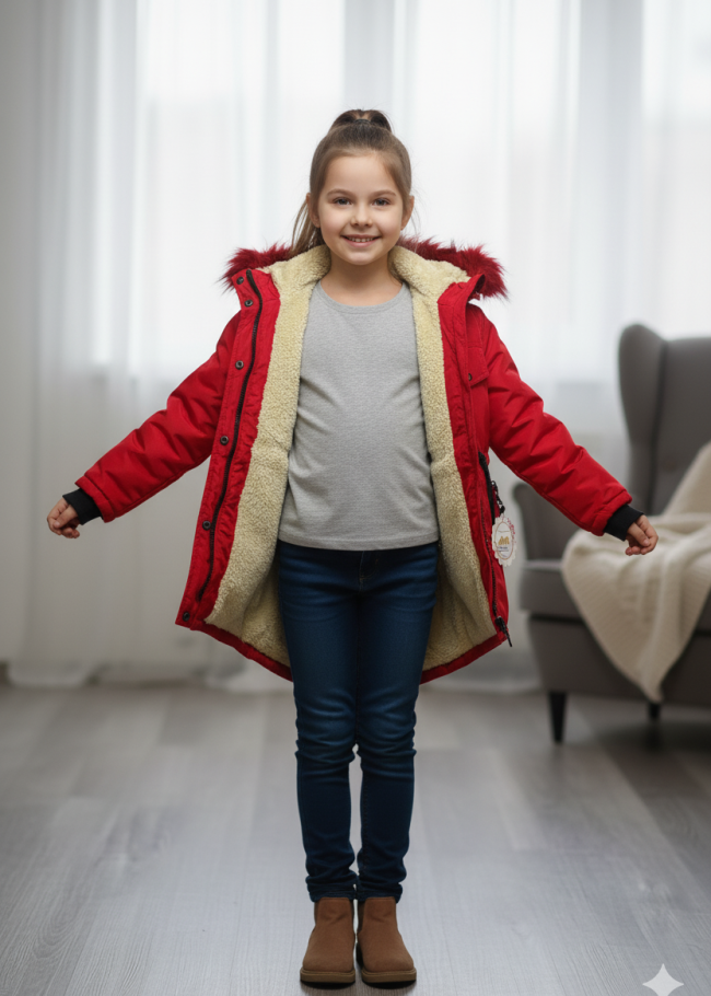 جاكيت كتان للأطفال مبطن فرو 5136 - احمر