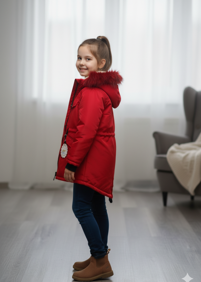 جاكيت كتان للأطفال مبطن فرو 5136 - احمر