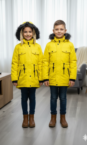 جاكيت كتان للأطفال مبطن فرو 5136 - اصفر