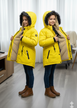 جاكيت كتان للأطفال مبطن فرو 5136 - اصفر