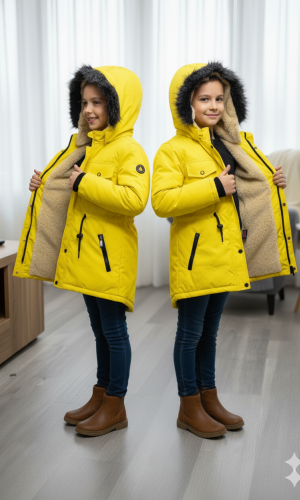 جاكيت كتان للأطفال مبطن فرو 5136 - اصفر