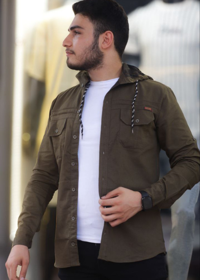 Mens Linen Shirt with Full Buttons - Model 2400 - khaki