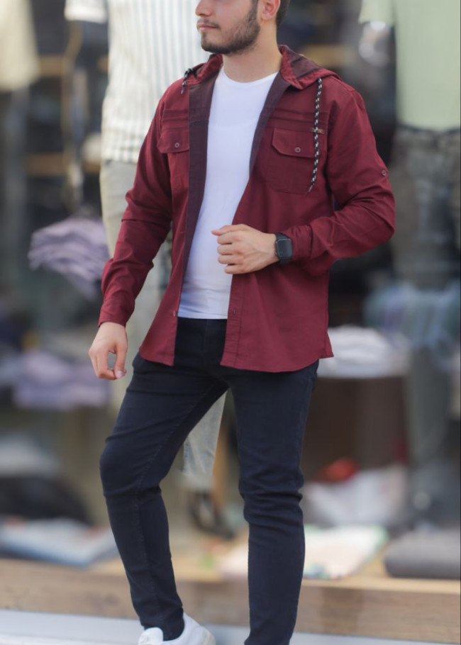 Düğmeli Keten Erkek Gömleği - Model 2400 - Bordo
