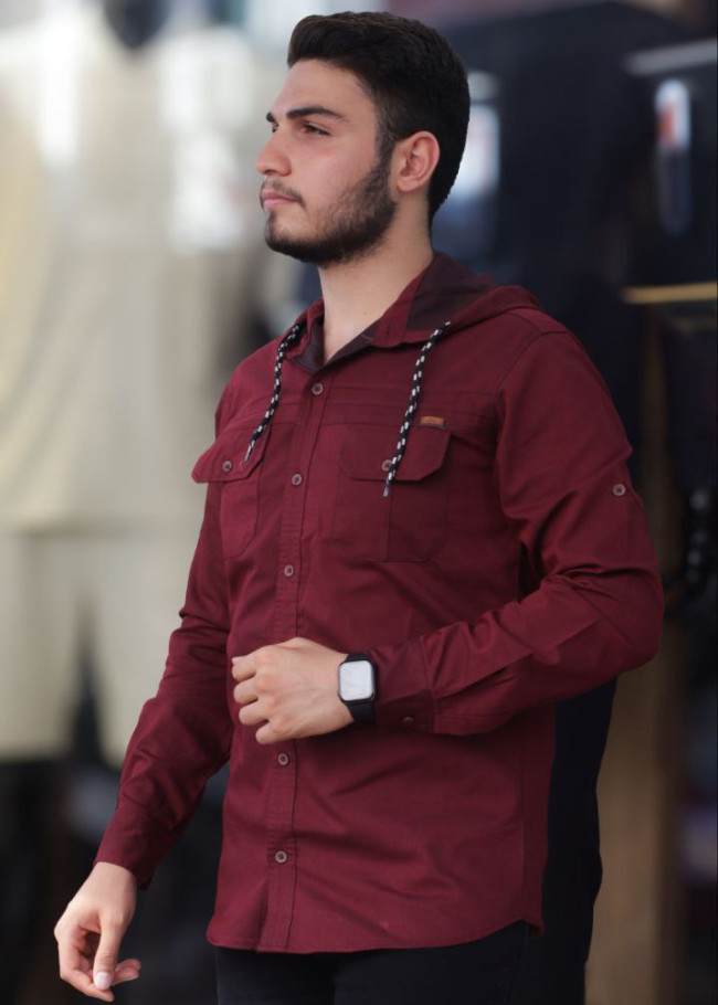 Düğmeli Keten Erkek Gömleği - Model 2400 - Bordo