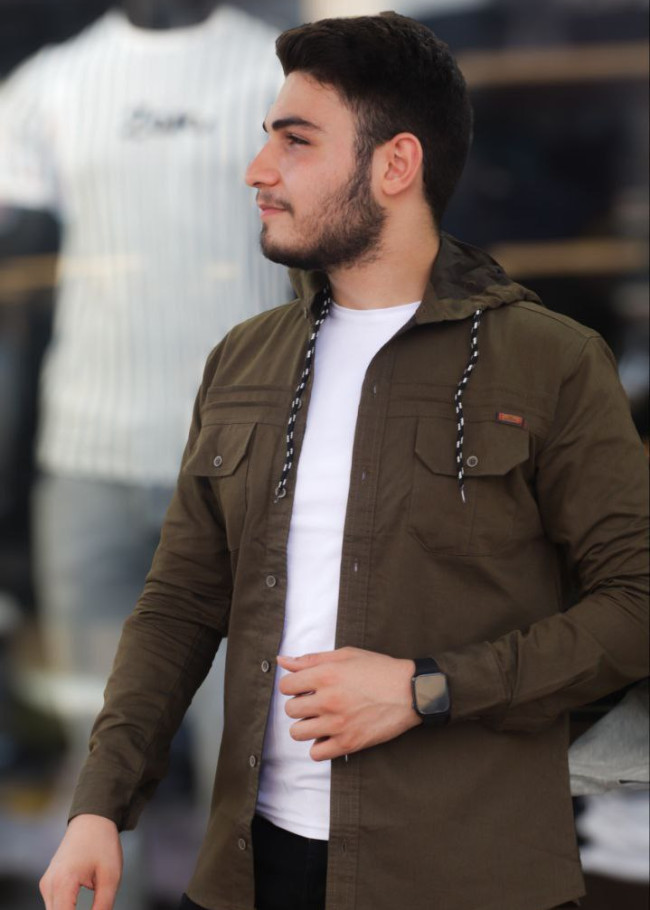Mens Linen Shirt with Full Buttons - Model 2400 - khaki
