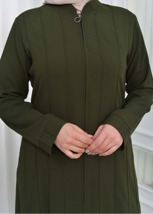 Zippered Simple Hijab Abaya 619 Haki
