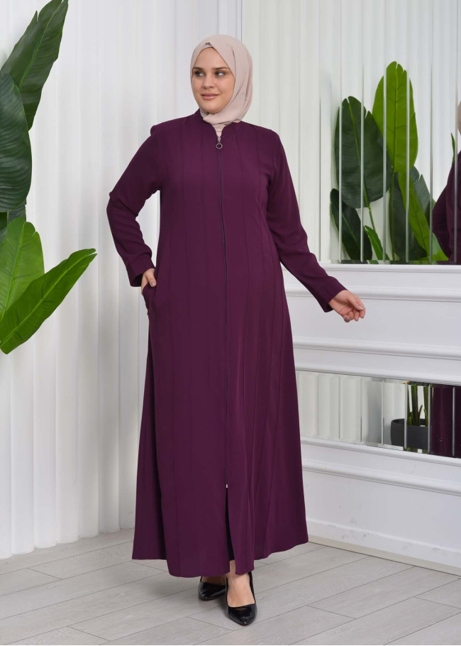 Zippered Simple Hijab Abaya 619 mor