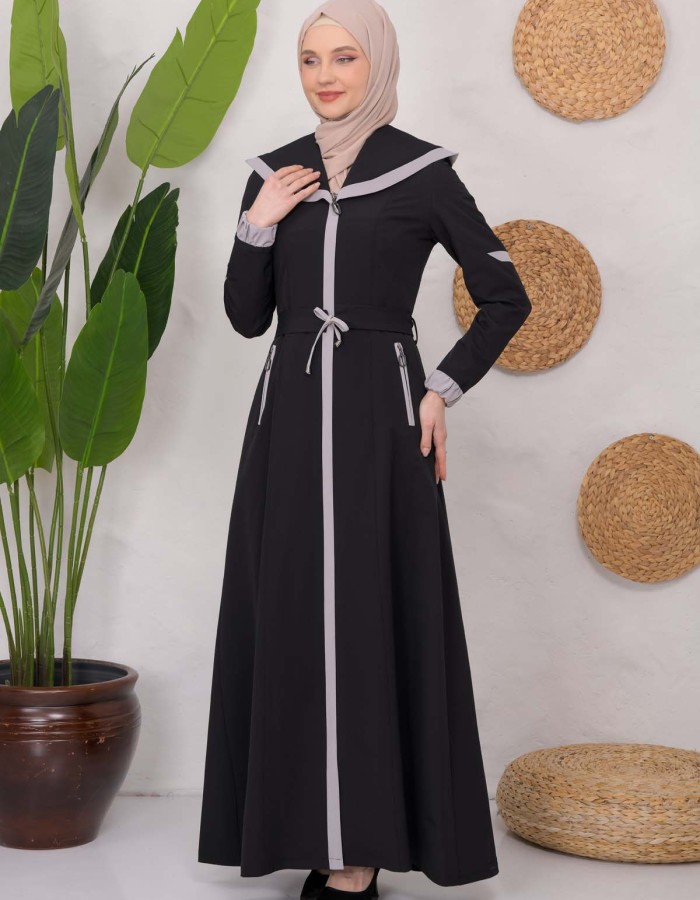 Modest linen  trench coat 1221 Siyah