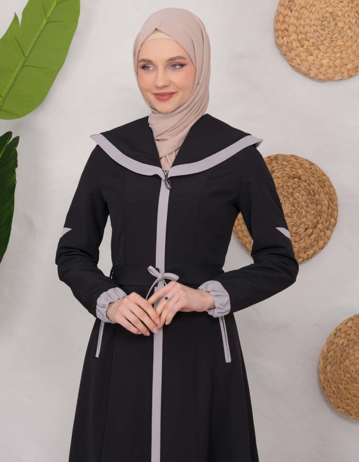 Modest linen  trench coat 1221 Siyah