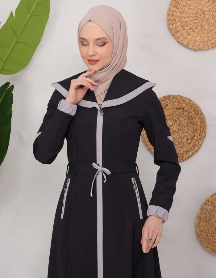 Modest linen  trench coat 1221 Siyah