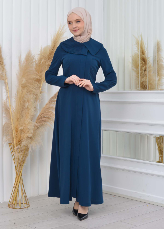ZIPPERED PLEATED COLLAR WOMAN'S HIJAB LONG TOPCOAT 1201 Turkuaz