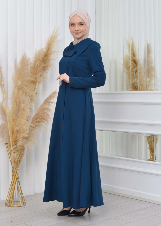 ZIPPERED PLEATED COLLAR WOMAN'S HIJAB LONG TOPCOAT 1201 Turkuaz