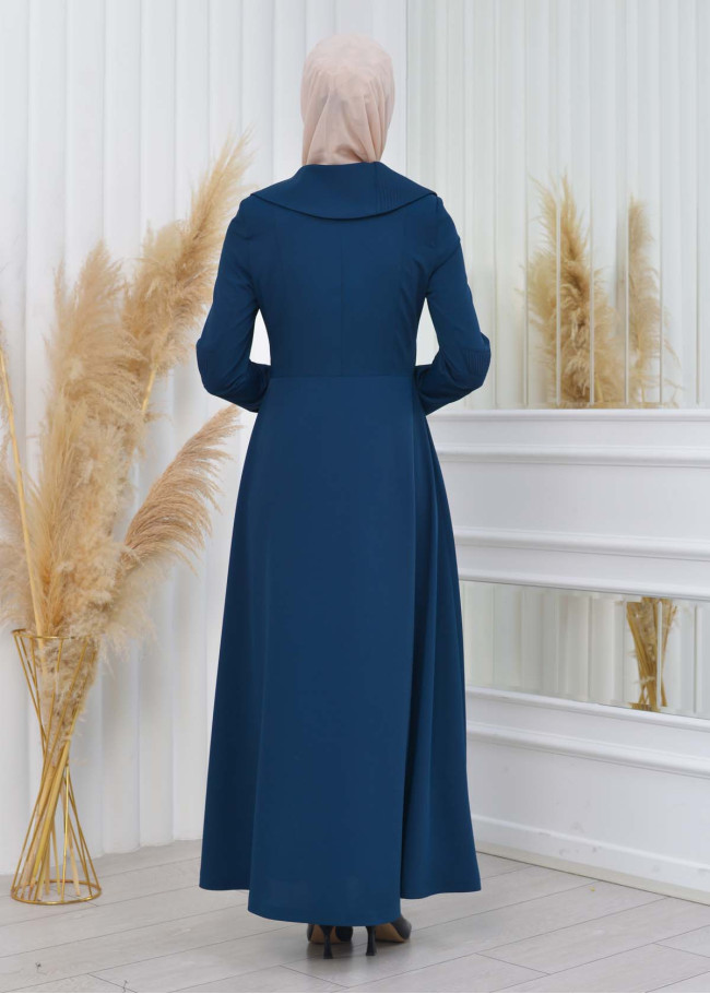 ZIPPERED PLEATED COLLAR WOMAN'S HIJAB LONG TOPCOAT 1201 Turkuaz