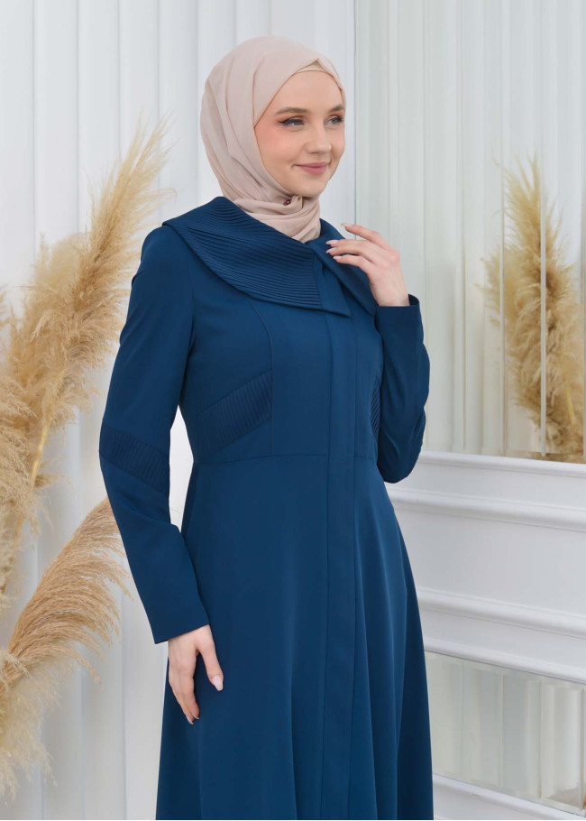ZIPPERED PLEATED COLLAR WOMAN'S HIJAB LONG TOPCOAT 1201 Turkuaz