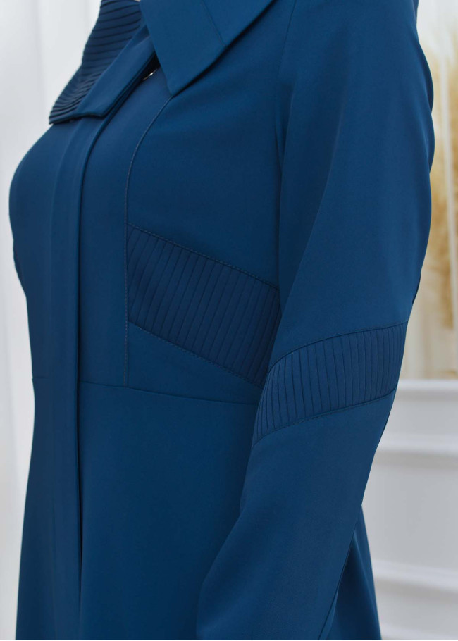 ZIPPERED PLEATED COLLAR WOMAN'S HIJAB LONG TOPCOAT 1201 Turkuaz