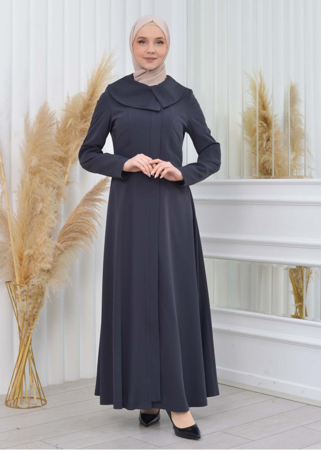 ZIPPERED PLEATED COLLAR WOMAN'S HIJAB LONG TOPCOAT 1201 koyu gri