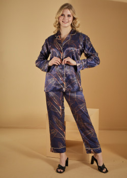 بجامة كحلي ساتان معرقة 3-1091 - كحلي