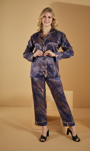 بجامة كحلي ساتان معرقة 3-1091 - كحلي