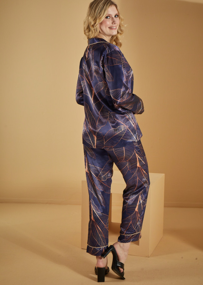 Navy blue Night Leaves Satin Pajamas 1091-3 - deep blue