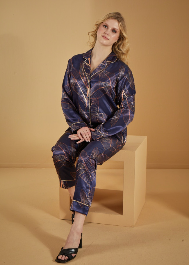 Navy blue Night Leaves Satin Pajamas 1091-3 - deep blue