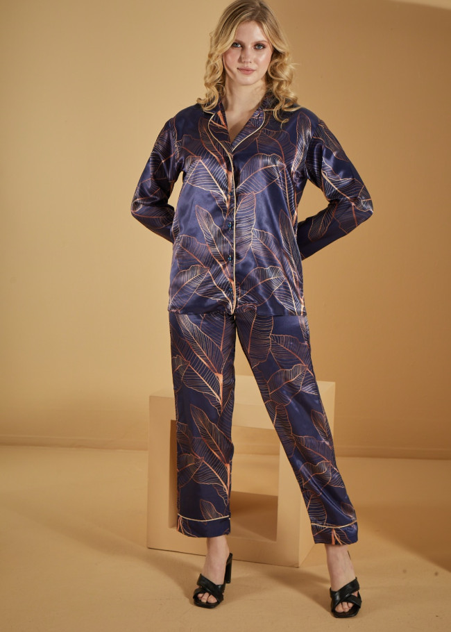 Navy blue Night Leaves Satin Pajamas 1091-3 - deep blue
