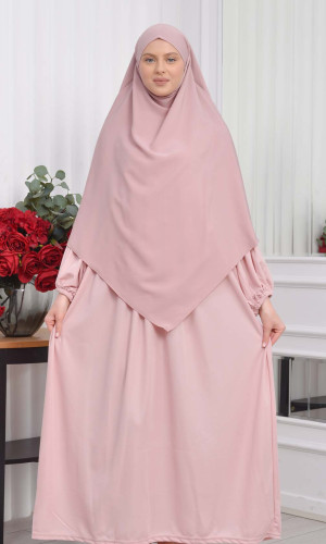 Modest Sharia Dress Set with Double-Layer Khimar 828 - powder pink/ dusty pink