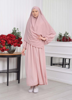 طقم فستان شرعي مع خمار طبقتين 828 - بودرة