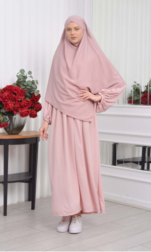 Modest Sharia Dress Set with Double-Layer Khimar 828 - powder pink/ dusty pink