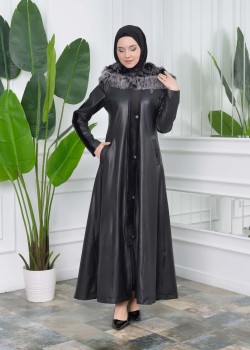 مانطو نسائي جلد شتوي مع  كبيشون فرو قابل للإزالة 1308 - اسود