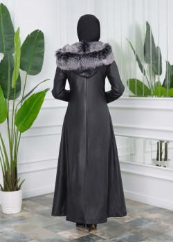 مانطو نسائي جلد شتوي مع  كبيشون فرو قابل للإزالة 1308 - اسود