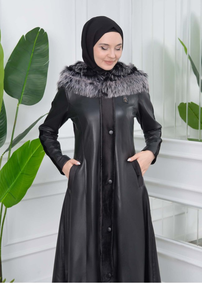 مانطو نسائي جلد شتوي مع  كبيشون فرو قابل للإزالة 1308 Siyah