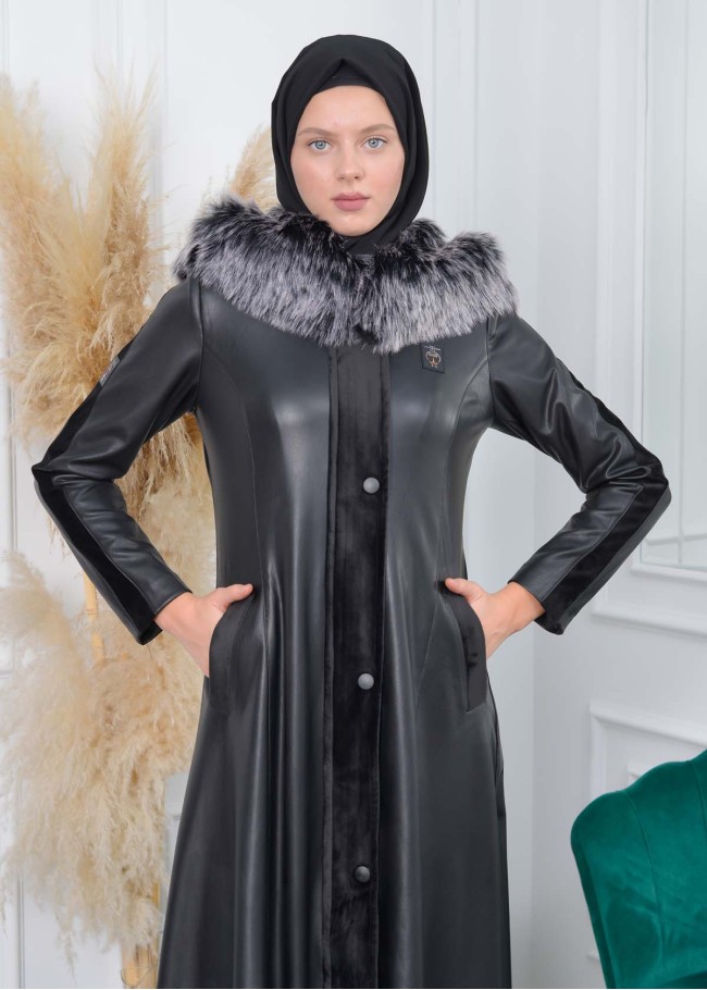 مانطو نسائي جلد شتوي مع  كبيشون فرو قابل للإزالة 1308 Siyah