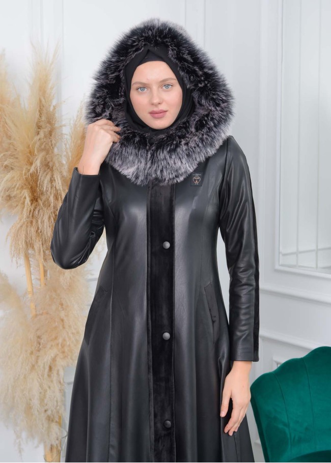مانطو نسائي جلد شتوي مع  كبيشون فرو قابل للإزالة 1308 Siyah