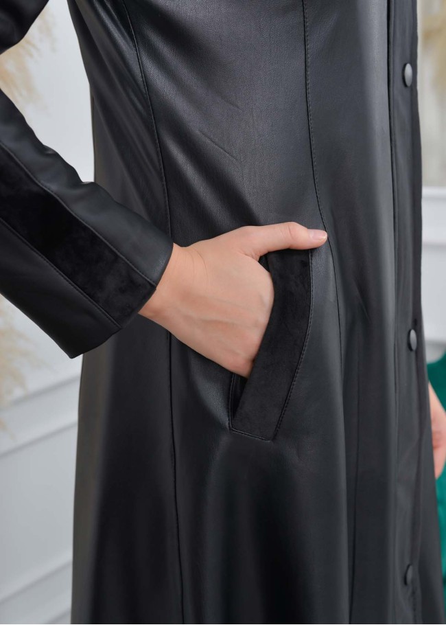 مانطو نسائي جلد شتوي مع  كبيشون فرو قابل للإزالة 1308 Siyah