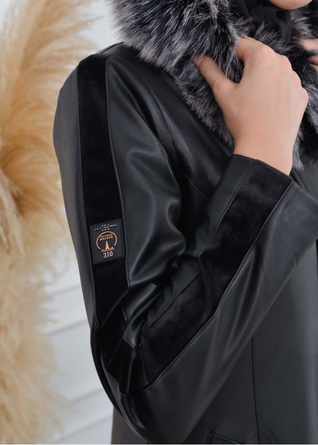 مانطو نسائي جلد شتوي مع  كبيشون فرو قابل للإزالة 1308 Siyah