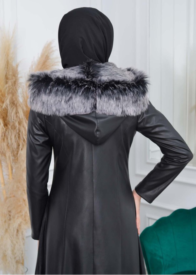 مانطو نسائي جلد شتوي مع  كبيشون فرو قابل للإزالة 1308 Siyah