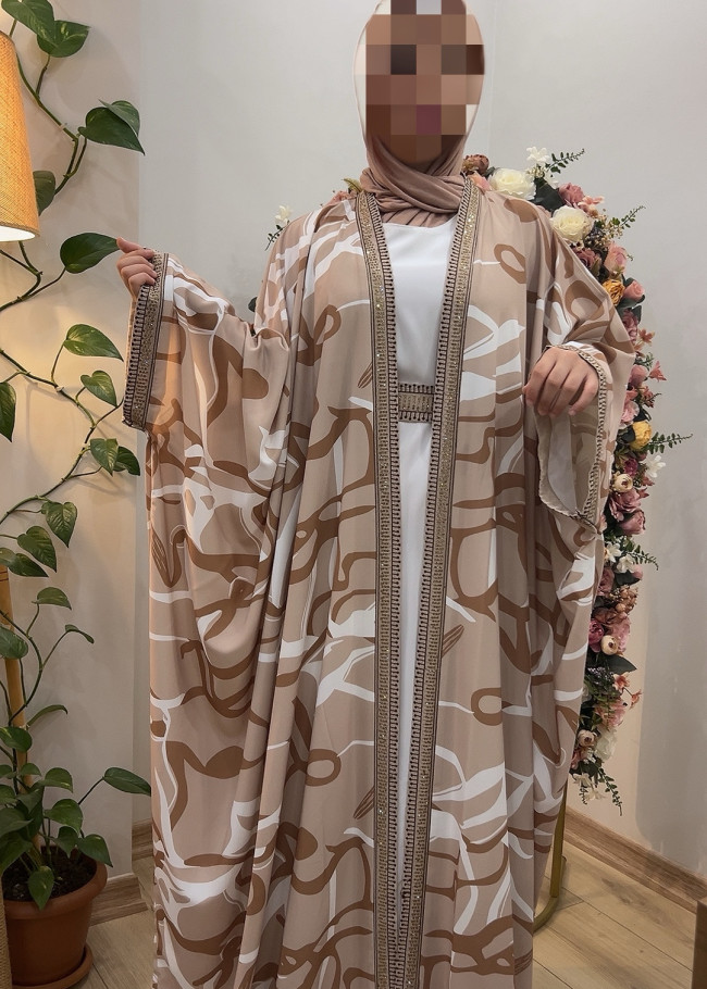 Two-Piece Set: Dress and Modern Patterned Abaya - Forsan Fabric | Product Code: 698 - beige
