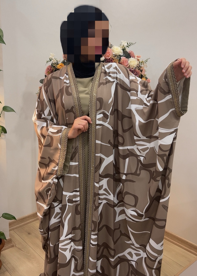 Two-Piece Set: Dress and Modern Patterned Abaya - Forsan Fabric | Product Code: 698 - ivory