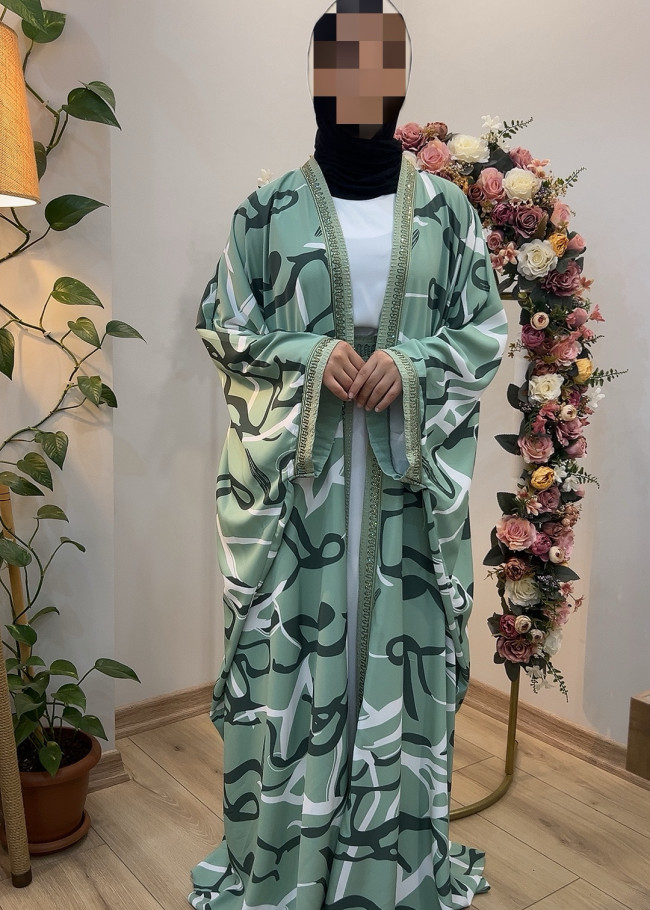 İkili Takım: Elbise ve Modern Desenli Abaya - Forsan Kumaşı | Ürün Kodu: 698 - mint