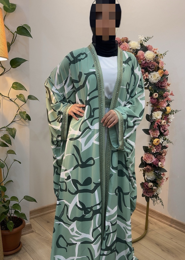 İkili Takım: Elbise ve Modern Desenli Abaya - Forsan Kumaşı | Ürün Kodu: 698 - mint