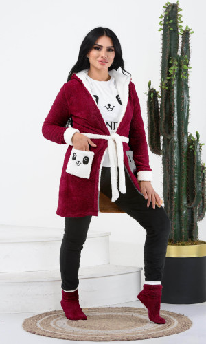 طقم منزلي مخملي ضيق - 4 قطع (كود 1010) - خمري