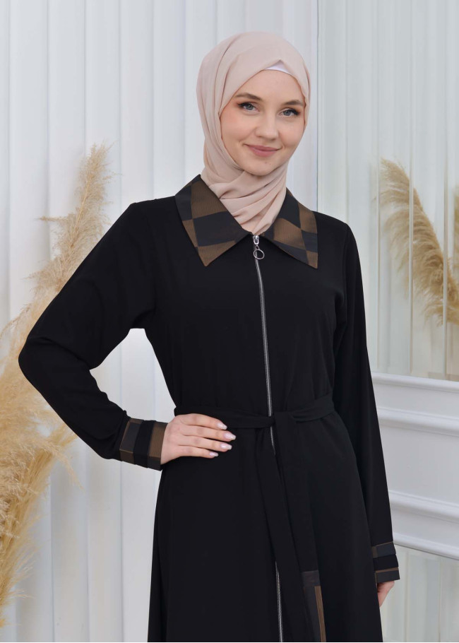 عباية نسائي صيفية بياقة وأكمام مقلمة مع كمر متحرك 601 koyu haki