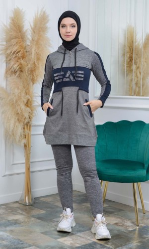 تونيك نسائي شرعي قطني مع كبشون 1053 - كحلي