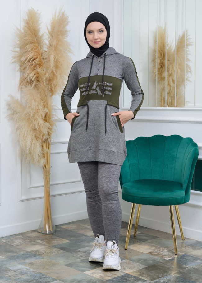 تونيك نسائي شرعي قطني مع كبشون 1053 Haki