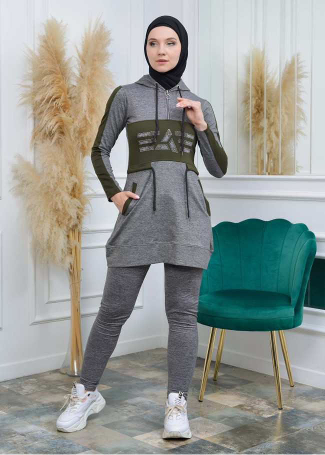 تونيك نسائي شرعي قطني مع كبشون 1053 Haki