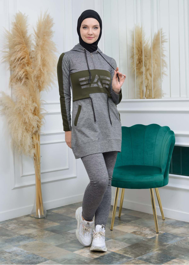 تونيك نسائي شرعي قطني مع كبشون 1053 Haki