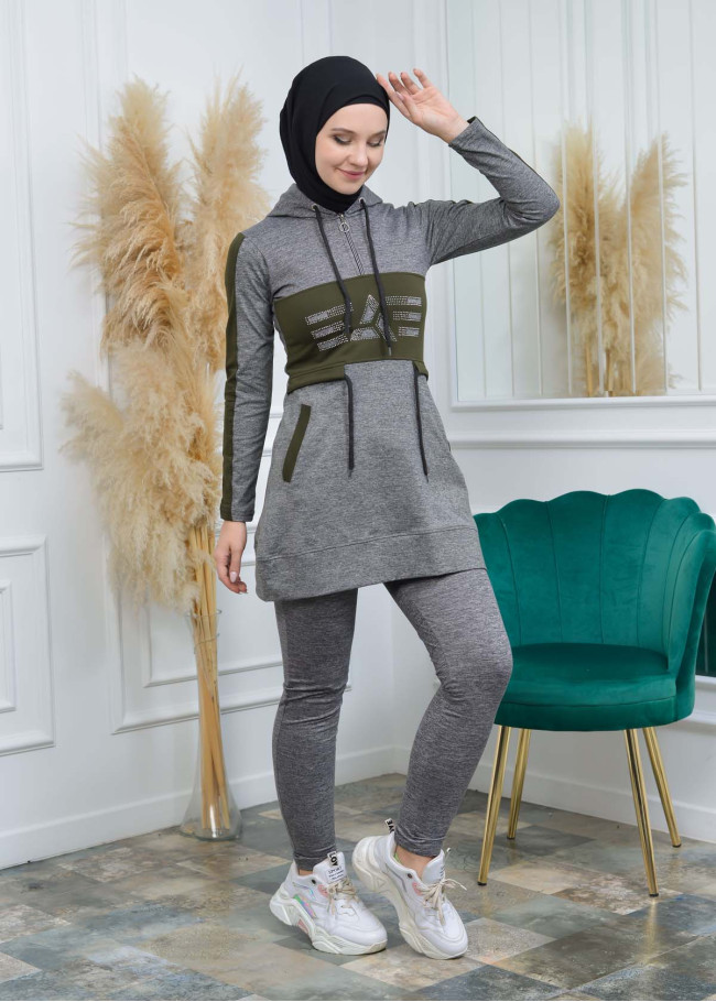 تونيك نسائي شرعي قطني مع كبشون 1053 Haki