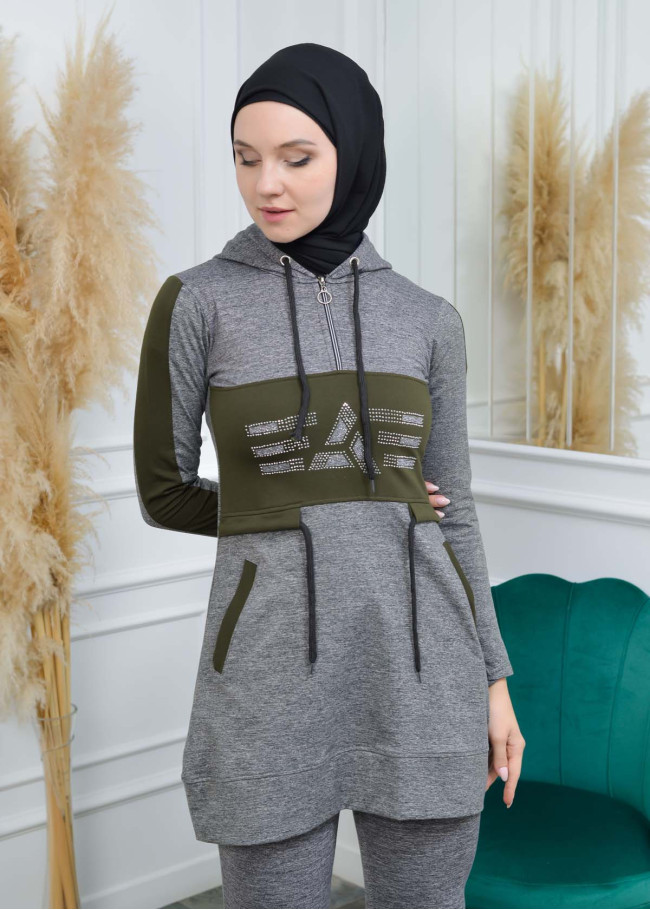 تونيك نسائي شرعي قطني مع كبشون 1053 Haki